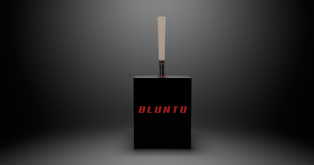 A sleek black box with the 'blunted' name in striking red, showcasing a standing joint with a flawless ceramic tip.